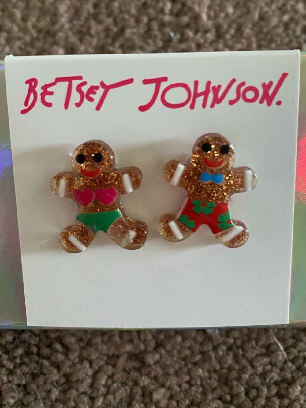 Darling Betsey Johnson Glitter Gingerbread Stud Earrings NWT